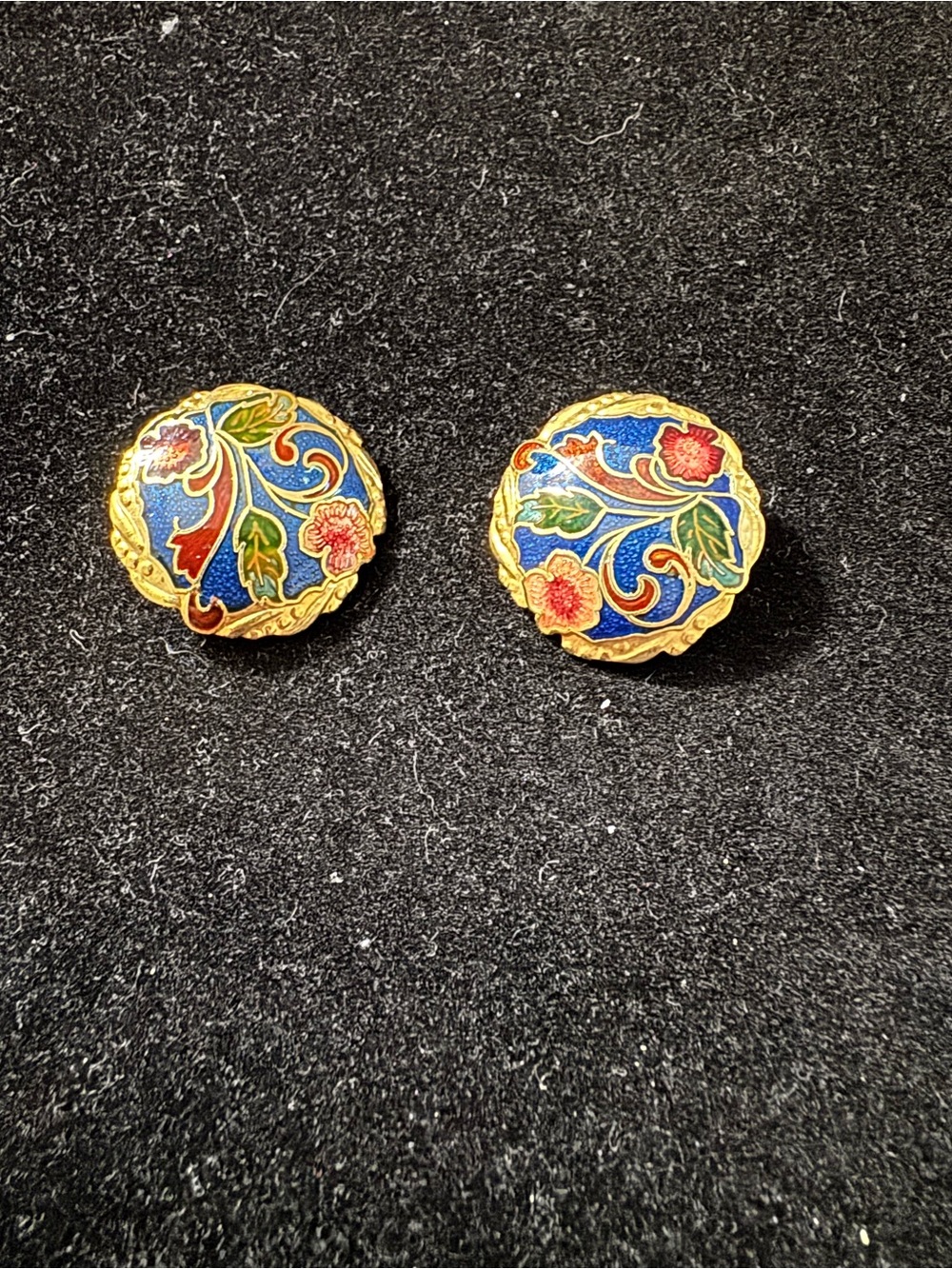Vintage Floral  Cloisonné  Round Clip-On Earrings - Gold Tone  Accent